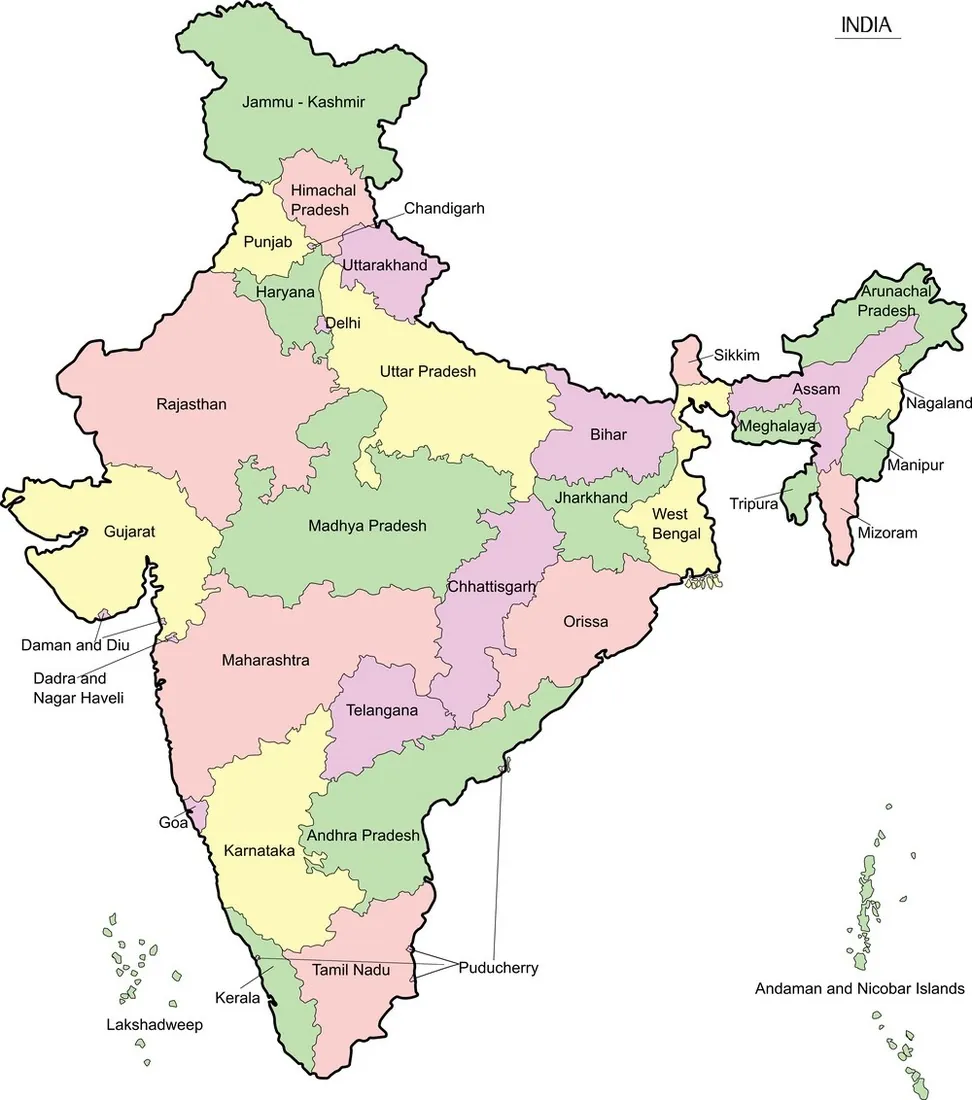 India political map showing all 28 states and 8 union territories with English labels